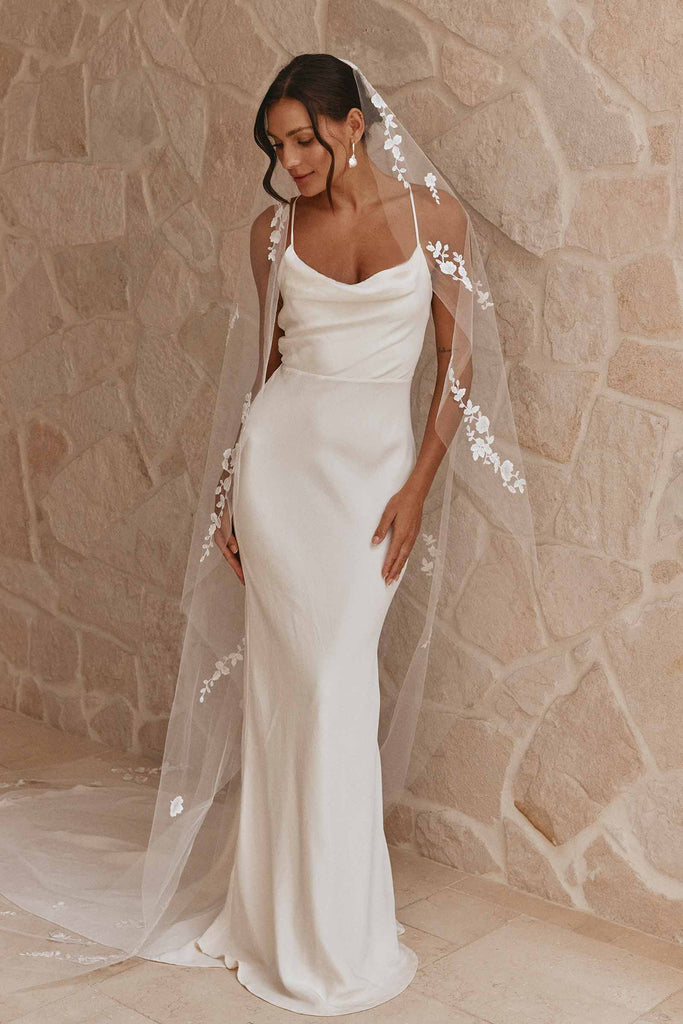 honey silk wedding dress paired with pielot