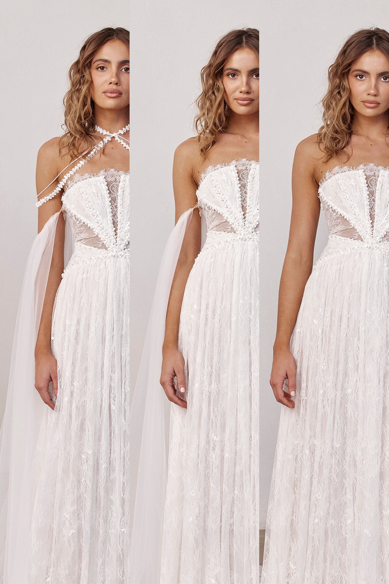 Three images of a woman wearing a lace wedding dress with intricate detailing_XS_