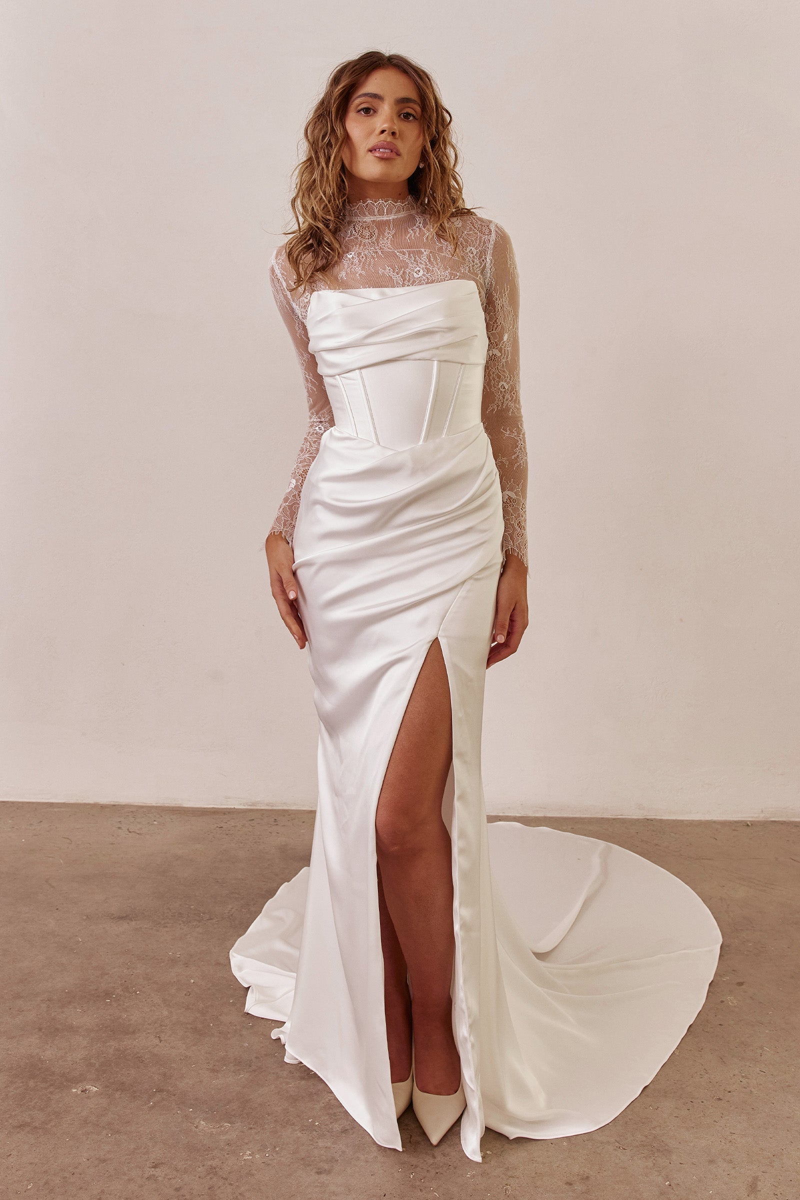 Long Sleeve Lace Bodysuit paired with corset wedding dress_XS_