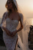 Woman in a strapless lace wedding dress with a veil at sunset_XS_