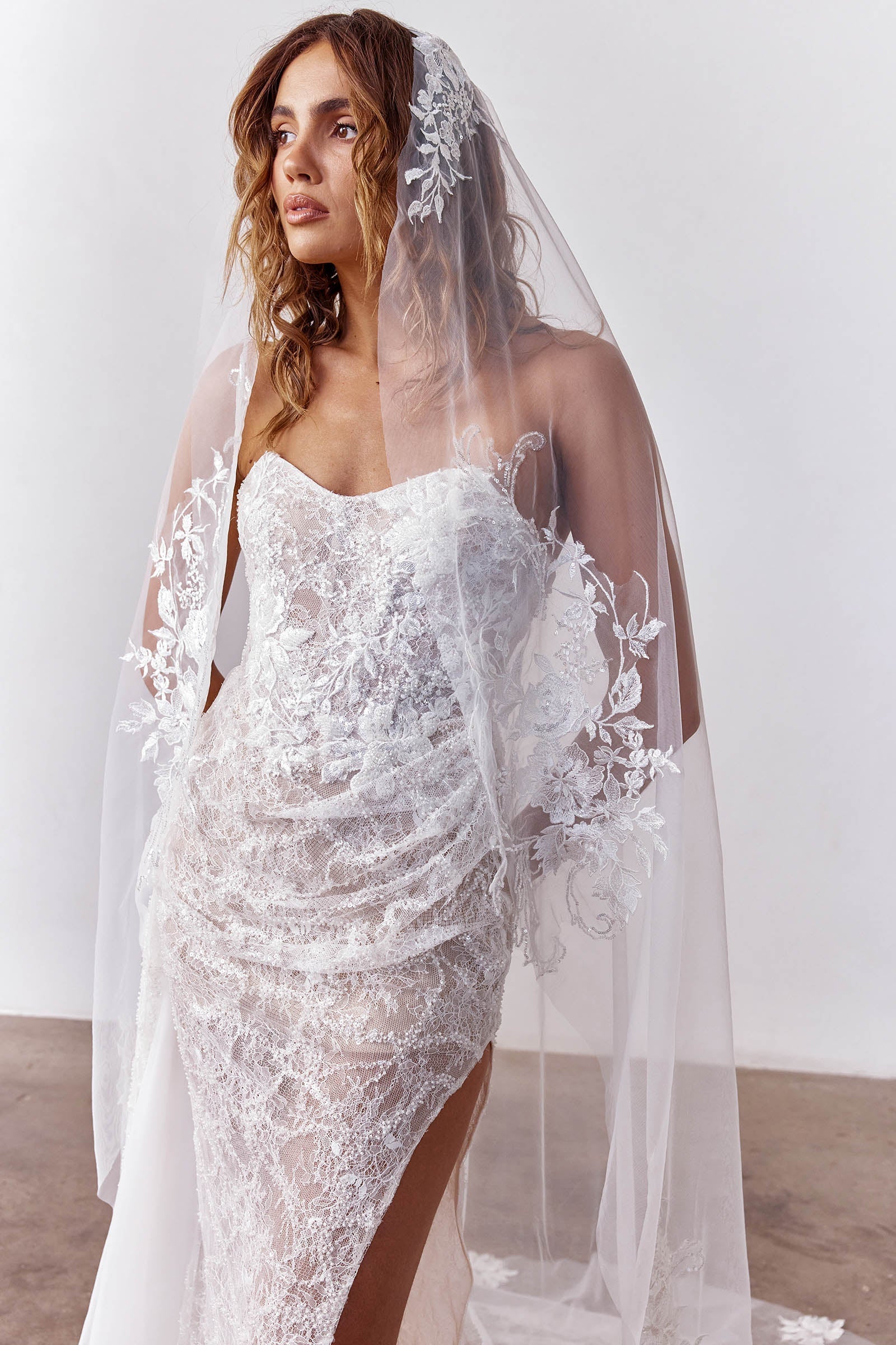 Bride in a lace wedding dress with a matching veil_XS_