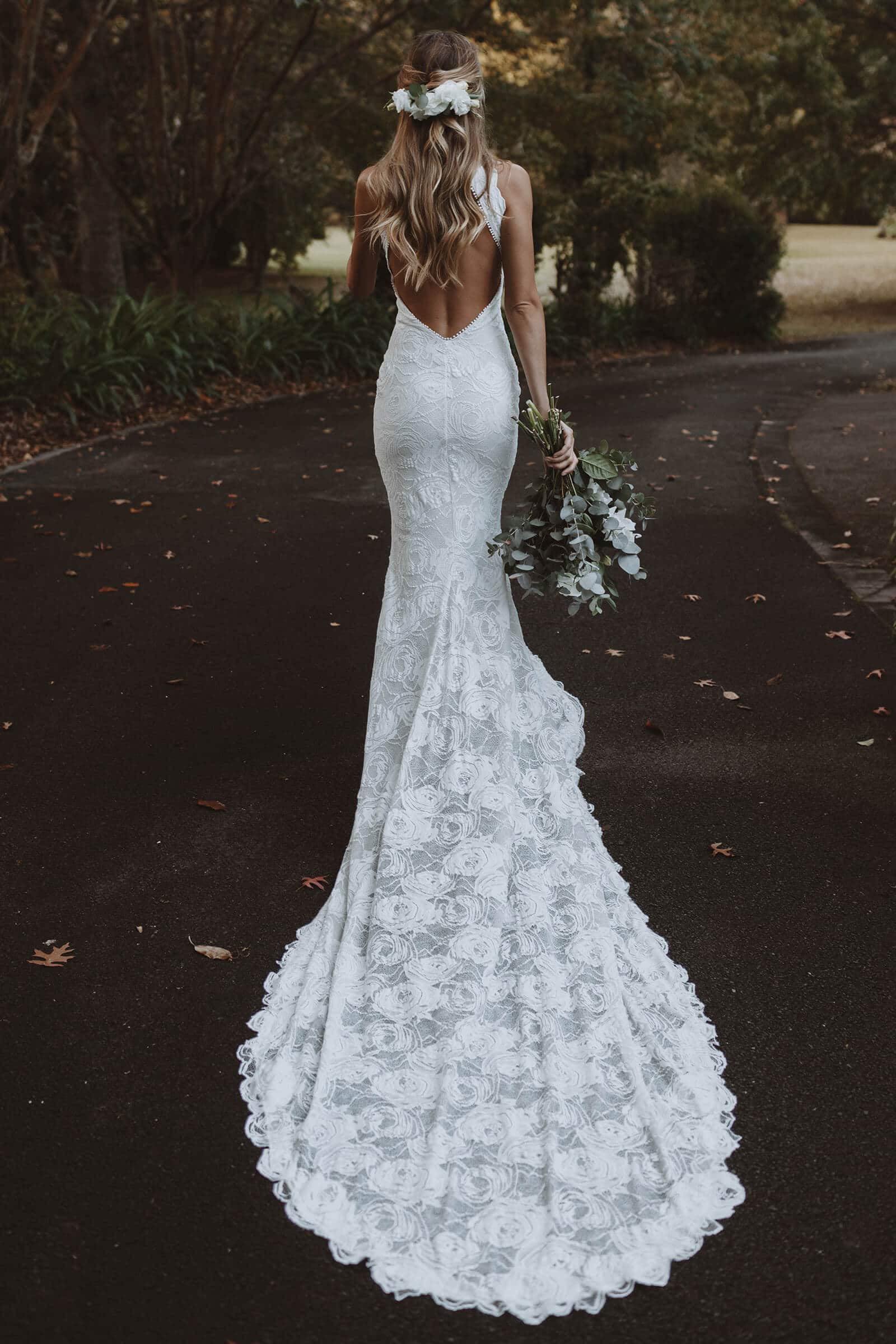 Unique Geometric Lace Bell Sleeve Nude Wedding Dress