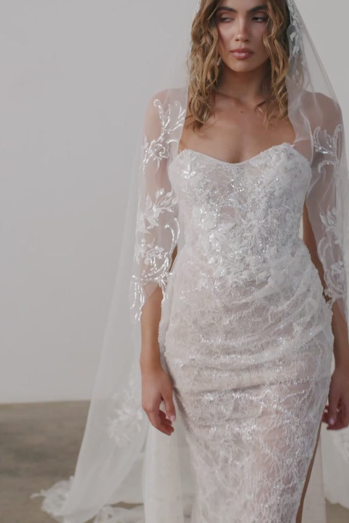 Embroidered Floral Wedding Veil with strapless wedding dress