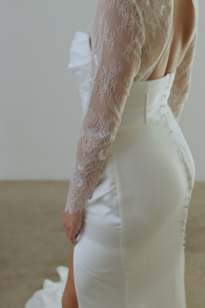 Long Sleeve Lace Bodysuit paired with a corset wedding dress